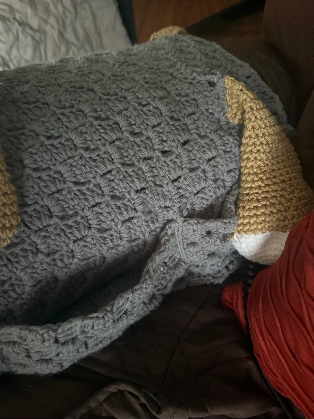 Handmade Crochet Dog Pillow Plush in Gray and Tan - Pet Decor